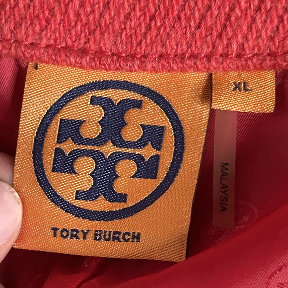 Tory Burch Wool Pea Coat XL Red Double Breasted Gold Buttons Belted Alek Jacket - Picture 9 of 12